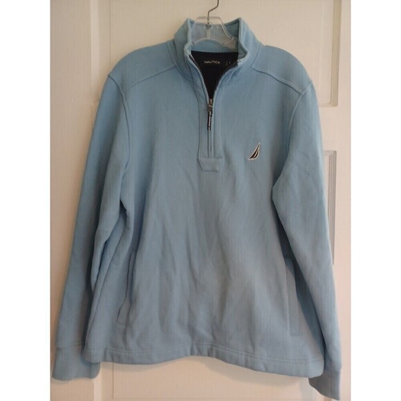 Nautica mens 1/4 zip blue pullover M sweatshirt logo pockets classic layer - Picture 1 of 12